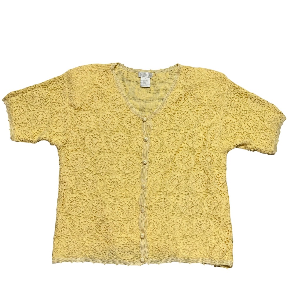 Sellecca Womens Yellow Crochet Lace Button Front Cardigan‎ Short Sleeve Large